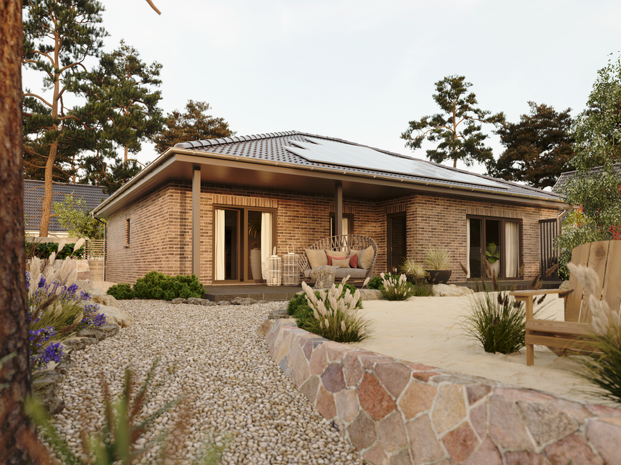 Eleganter Bungalow 128 mit dunkler Klinkerfassade Cinder Kohle, überdachte Terrasse und stilvolle Gartenanlage